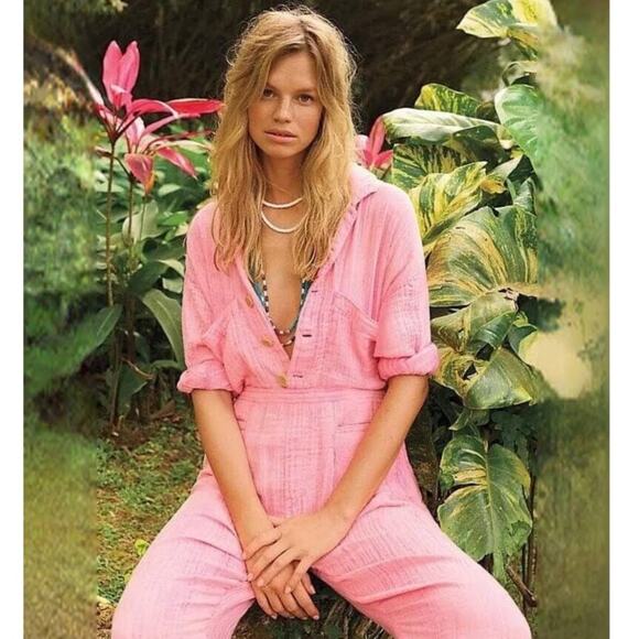 Free People Madrid Pink Double Cloth Guaze Button Down Onepiece Jumpsuit Small - Picture 1 of 8